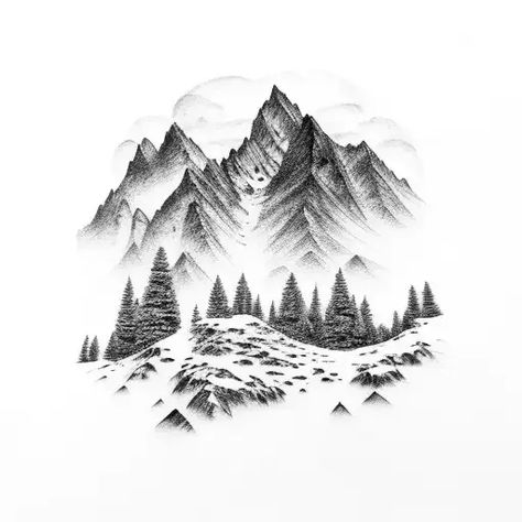 Black-Grey Mountain Scene Tattoo Design Idea North Carolina Mountains Tattoo, Foggy Mountain Tattoo, Mountain Tattoo Ideas For Men, Mountain Chest Tattoo Men, Big Mountain Tattoo, Scenery Tattoos For Men, Book Mountain Tattoo, Rocky Mountains Tattoo, Mountain Scenery Tattoo