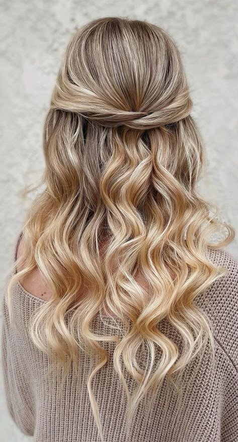 half up half down hairstyle, half up half down hairstyles, half up half down wedding hairstyle, wedding hairstyles, half up half down bridal hairstyle, half up half down Soft Curls For Medium Hair Half Up, Half Up Do Bridesmaid Hair, Half Up Curls Hairstyles, Curled Half Up Half Down Prom Hair, Hoco Hair Inspo Half Up Half Down, Wig Install Hairstyles Half Up Half Down, Jr Bridesmaid Hairstyles Half Up, Curled Hair Half Up, Twisty Half Up Half Down