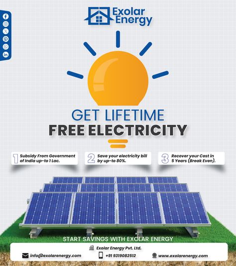 Get Free Lifetime Electricity !!! 📱 +91 9319082512 👝 info@exolarenergyproject.com ⬇ www.exolarenergy.com #exolarenergy #solarpanelspanels #SolarEnergy #SolarPower #RenewableEnergy #solarsolutions #SolarEPC #SolarProducts #roofttopsolarsolarinstallation #rooftopsolar #rooftopsolarpanels #rooftopsolarsystem #bestsolarcompany #topsolarbrands #delhisolar #indiasolarmission #solarbrands #solarads #solarinstallationcompany #solarinstallation Home Rooftop, Solar Energy Design, Off Grid Solar Power, Creative Post, Solar Companies, Solar Roof, Off Grid Solar, Flyer Ideas, Solar Installation