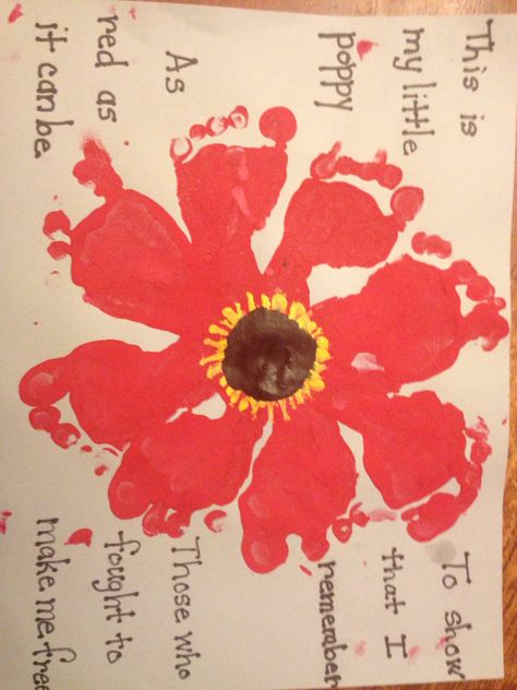 Footprint poppy. Memorial Day Footprint Crafts, Veterans Day Footprint Art, Rememberance Day Activities For Babies, Remembrance Day Activities For Babies, Veterans Day Infant Crafts, Memorial Day Art For Infants, Toddler Remembrance Day Craft, Memorial Day Infant Crafts, Veterans Day Crafts For Infants