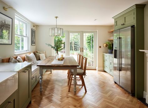 Natural tones and surfaces complement period details in this calm family kitchen and dining area Teal House, Victorian Renovation, Traditional Kitchen Design, Narrow Kitchen, Family Dining Table, New House Kitchen, Galley Kitchen, My Own Home, Extension Ideas