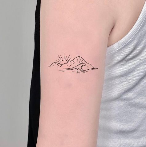 Mountain Tatoos Woman, Tattoo Mountain Ocean, Wave And Mountain Tattoo Simple, Mountain And Waves Tattoo, Fine Line Mountain Wave Tattoo, Glacier Tattoo Ideas, Light House Tattoo Minimalist, Small Wave And Mountain Tattoo, Mountains Ocean Tattoo