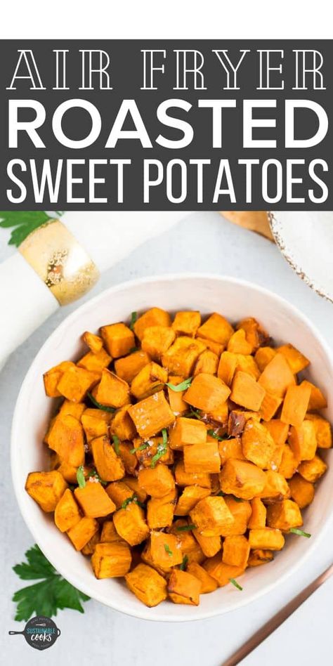 Crispy and perfect, roasted Air Fryer Sweet Potato Cubes is a fast and delicious side dish. You’ll love that they’re simple, vegan, vegetarian, and packed with so much flavor! Sweet Potato Cubes, Roasted Sweet Potato Cubes, Paleo Salmon Cakes, Potato Cubes, Orange Sweet Potatoes, Cubed Sweet Potatoes, Roasted Sweet Potato, Sweet Potato Wedges, Cooking Sweet Potatoes