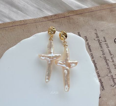 Pearl Cross Earrings Freshwater Pearl Dangle Earrings Chunky Cross Earrings Statement Earrings Gift for Her - Etsy Pearl Cross Earrings, Faith Jewelry, Pearl Dangle Earrings, Cross Earrings, Pearl Earrings Dangle, Earrings Statement, Sacramento, Earring Gifts, Statement Earrings