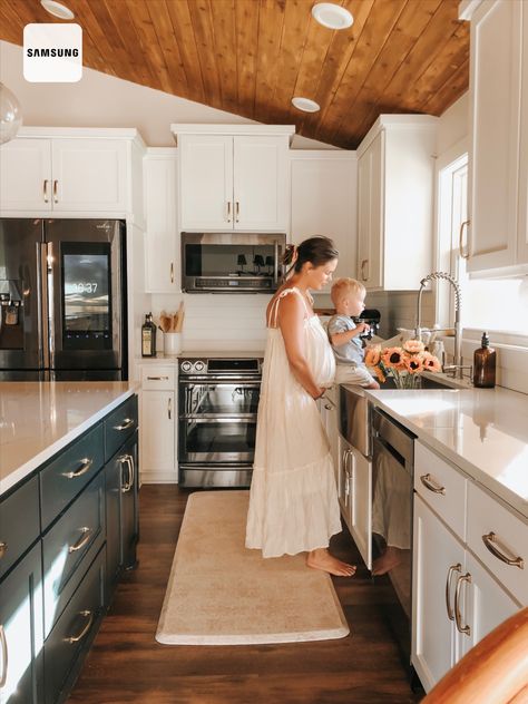 White Uppers Green Lower Cabinets, Dark Green Lower Cabinets, White And Green Kitchen Cabinets, Kitchen Cabinets White Appliances, White And Green Kitchen, Black Lower Cabinets, White Upper Cabinets, Stainless Appliances Kitchen, Black Stainless Steel Kitchen