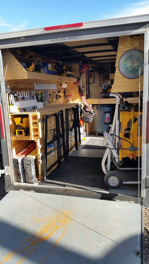 Shelving For Enclosed Trailer, Construction Shop Organization, Carpentry Trailer Setup, Plumbing Trailer Organization, Carpenters Trailer Setup, Enclosed Trailer Workshop, Construction Van Setup, Tool Trailer Setup, Work Trailer Storage Ideas