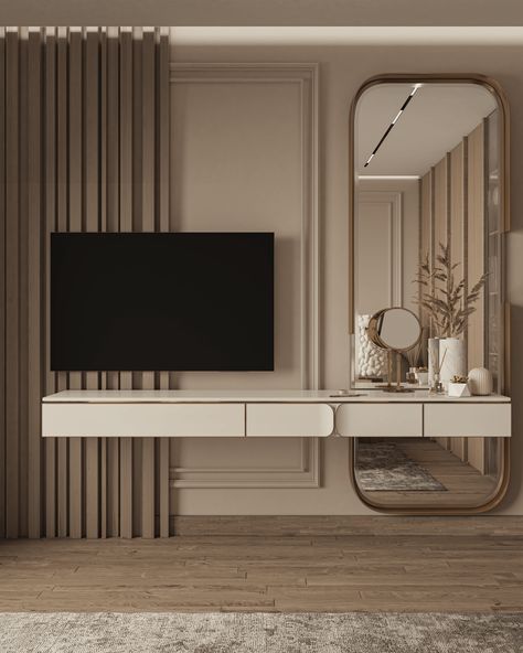 Master Bedroom :: Behance Tv Unit With Mirror Design Modern, Classical Bedroom Ideas, Bedroom Tv Unit With Dressing Table, Bed Back Wall Design Master Bedrooms Modern, Marble And Wood Wall, Tv Unit With Dressing Table, Tv Unit In Bedroom, Tv Wall Design Bedroom, Tv Unit For Bedroom