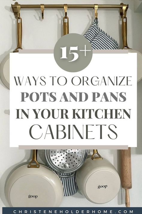 Struggling to keep your pots and pans organized? Discover 15+ smart solutions to organize your kitchen cabinets for pots and pans, maximizing your storage space and making your kitchen more functional! How To Organize Baking Pans, Storage For Pots And Pans Small Spaces, Storing Lids To Pots And Pans, How To Store Pots And Pans In Cabinet, Kitchen Cabinet Pots And Pans Storage, Pots And Pan Storage Small Kitchen, Pot And Pan Storage Ideas Small Kitchen, Pots Pans Organization, Pots And Pans Storage Ideas