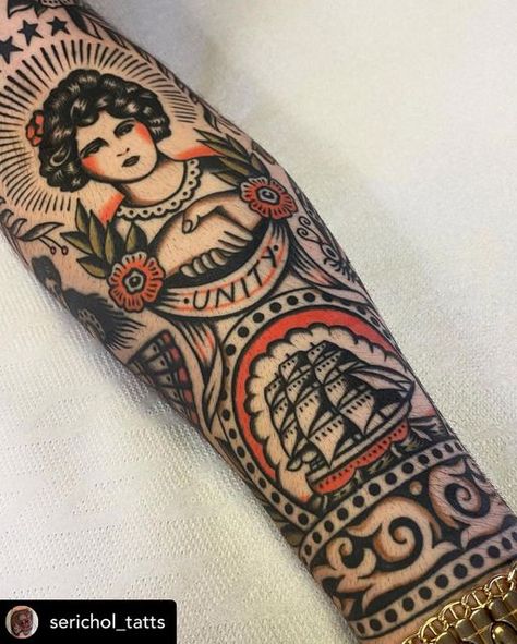 Traditional Tattoo Music, Unity Tattoo, Traditional Owl Tattoos, Traditional Black Tattoo, Cuff Tattoo, Tattoos Traditional, Traditional Tattoo Inspiration, American Traditional Tattoo Ideas, Traditional Tattoo Ideas