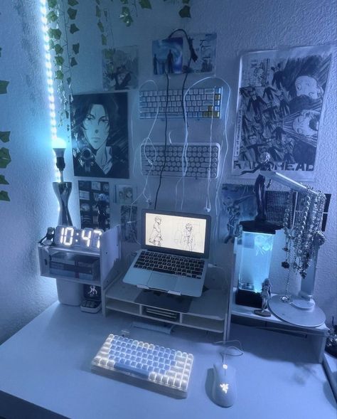 Cybercore Bedroom, Cybercore Room, Light Blue Rooms, Blue Room Decor, Tech Room, Ocean Room, Room Redesign, Dekorasi Kamar Tidur, Room Stuff