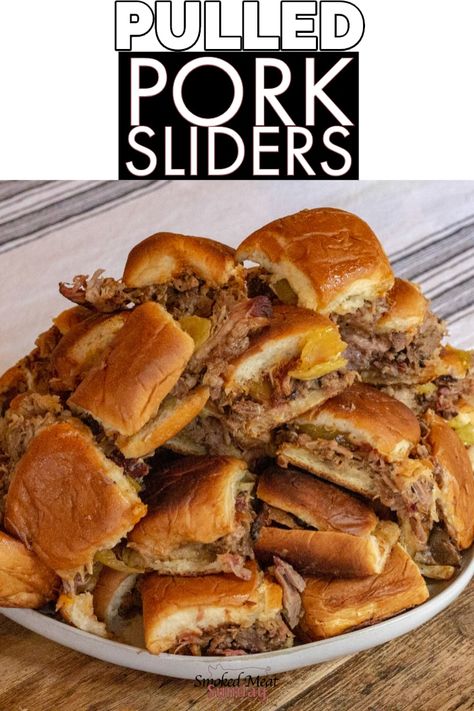 Pulled Pork Sliders on Hawaiian Rolls - #tailgateparty #traeger #bbqrecipes #pulledpork Smoked Pulled Pork Sliders, Smoked Pork Sliders, Sliders Party, Pulled Pork Burritos, Sliders On Hawaiian Rolls, Smoked Pork Recipes, Loose Meat, Tailgate Recipes, Pulled Pork Sliders