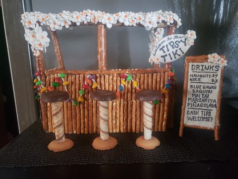 Tiki Bar for gingerbread house display Tiki Bar Gingerbread House, Fruit Rollups, Mints Candy, Lake Party, Gingerbread House Designs, Gingerbread House Ideas, Tiki Drinks, Fruit Roll Ups, Pretzel Sticks