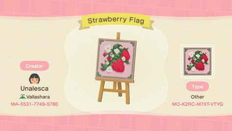 Animal Crossing Pink Custom Design, Animal Crossing Custom Flag, Strawberry Path Acnh, Acnh Strawberry Flag, Animal Crossing Design Codes Strawberry, Cute Acnh Island Flags, Cute Animal Crossing Flag Designs, Acnh Strawberry Design Code, Acnh Island Flag Ideas