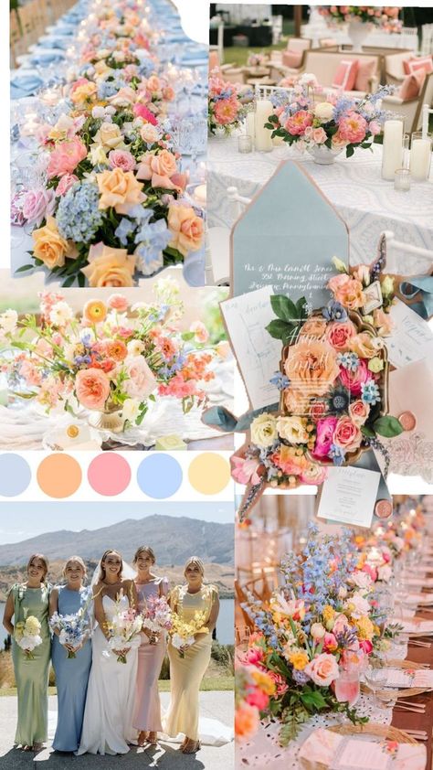 April Wedding Colors, May Wedding Colors, Pastel Wedding Decorations, Pastel Wedding Theme, Wedding Color Palette Summer, Wedding Theme Color Schemes, Spring Wedding Color Palette, Wildflower Wedding Theme, Multicolor Wedding