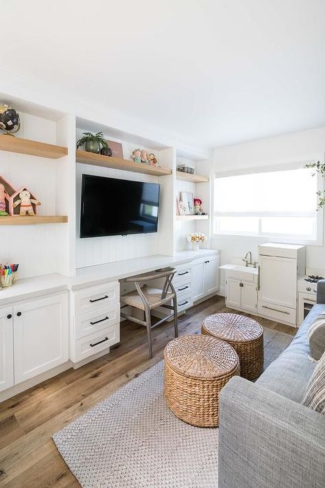 Built In Desk With Tv, Desk Under Tv, Playroom Lounge, Cottage Family Room, Salt Interiors, Loft Playroom, Pure Salt Interiors, Turtle Rock, Under Tv