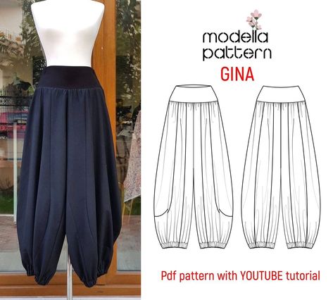 #modella_gina #pdfpattern #sewingcommunity #sewing #sewingpattern #pdfpattern #yogapants #harempants #sewingyoutuber Loose Pants Pattern Sewing, Pants Pattern Womens, Boho Pants Pattern, Baggy Pants Pattern, Wrap Pants Pattern, Harem Pants Sewing Pattern, Harem Pants Diy, Harem Pants Pattern, Pant Pattern