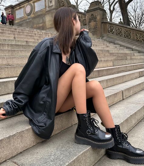 Black Platform Martin Boots In Grunge Style, Punk Style Chunky Platform Lace-up Martin Boots, Black Platform Lace-up Boots Alternative Style, Grunge Style Leather Lace-up Platform Boots, Black Platform Combat Boots, Alternative Style, Dr Martens Outfit, Dr. Martens, Fall Outfit, Black Boots