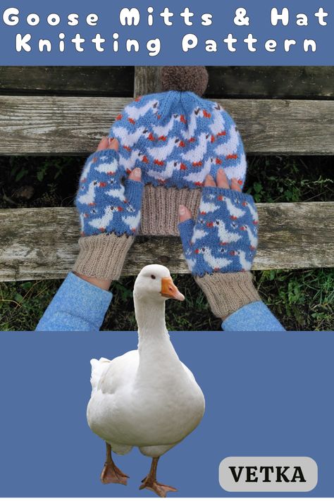 Duck Sweater Knitting Pattern, Bird Knitting Pattern, Goose Mittens, Knitted Duck, Knitting Colorwork, Goose Hat, Knit Duck, Intarsia Crochet, Animal Knitting