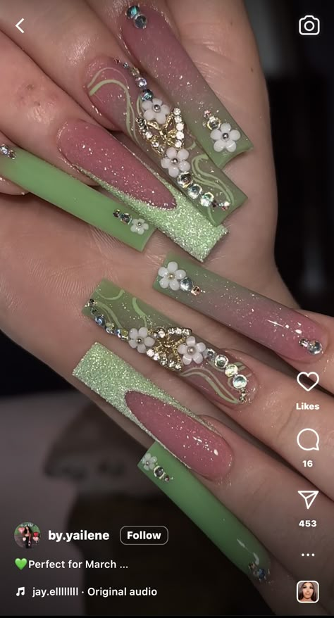 Green Nails Acrylic Birthday, Green Nails Sweet 16, Jade Square Nails, Fairy Garden Acrylic Nails, Long Light Green Nails, Glam Set Nails, Green Acrylic Nails With Charms, Princess Tiana Themed Nails, Fairy Nails Acrylic Long