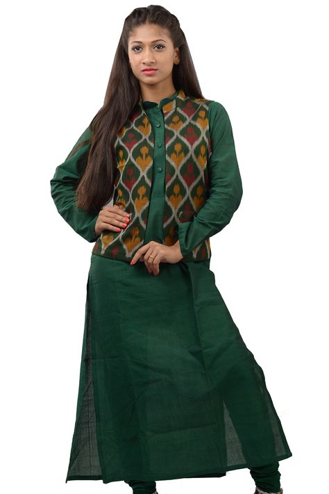 Kurti With Coat Jackets, Plain Green Kurti Design, Ikkat Kurtis, Tassels Fashion Clothing, Kurti With Jacket, Coat Ideas, Cotton Dress Pattern, Green Cotton Dress, Anime Kitten