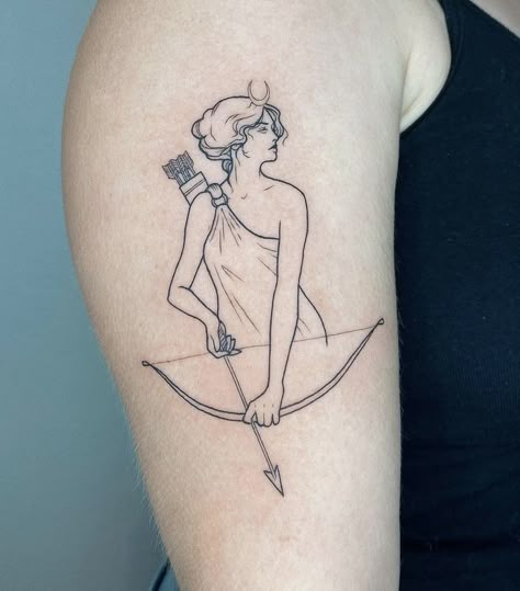 Goddesses Tattoo For Women, Dainty Archer Tattoo, Minimalist Goddess Tattoo, Artemis Minimalist Tattoo, Antigone Tattoo, Artemis Tattoo Symbol, Diana Goddess Tattoo, Greek Goddess Tattoo Artemis, Goddess Diana Tattoo