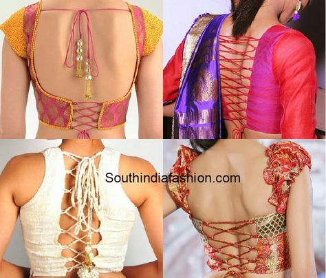 criss cross dori back blouse designs Indian Blouses, Fancy Tie, Saree Jacket Designs, Pattern Blouses, Blouse Tops Designs, Blouse Designs High Neck, Blouse Designs Catalogue, Blouse Ideas, Backless Blouse Designs