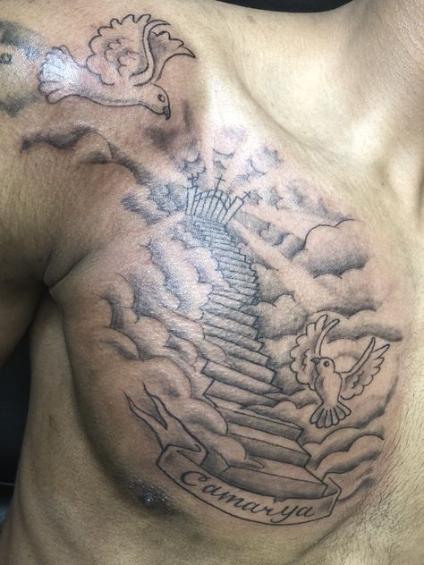 Memorial chest tattoo!! Memorial Arm Tattoo Men, Single Pec Tattoos Men, Chest Rip Tattoos, Heaven Chest Tattoo Men, Rip Tattoos For Men Chest, Side Chest Tattoo Men, Right Side Chest Tattoo Men, Chest Memorial Tattoo Men, Small Chest Tattoo Men Ideas