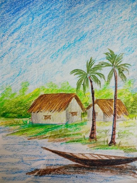 plastic crayons drawing.Landscapes, rural scenes, village life Landscape With Crayons, Rural Area Drawing, Rural Landscape Drawing, Village Life Drawing Easy, Village Scene Drawing Easy, Plastic Crayons Drawing, Village Drawing Landscapes, Village Life Drawing, Easy Nature Drawings