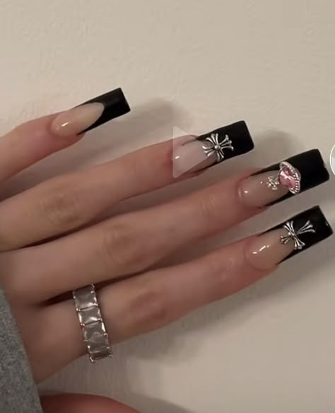 Black Nails With Cross Gem, Acrylics With Cross, Nail Inspo With Cross, Black French Tip Nails With Charms, Cross Nails Acrylic, Vivienne Westwood Nails, Vampy Nails, Acrylic Nail Designs Classy, Emerald Nails