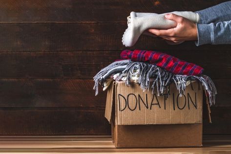 Donation concept. donation box with dona... | Premium Photo #Freepik #photo #people #gift #box #delivery Clothes Donation, Stylish Umbrella, Small Bedroom Storage, Community Services, Needy People, Donation Box, Home Organization Hacks, Old Clothes, Wooden Background