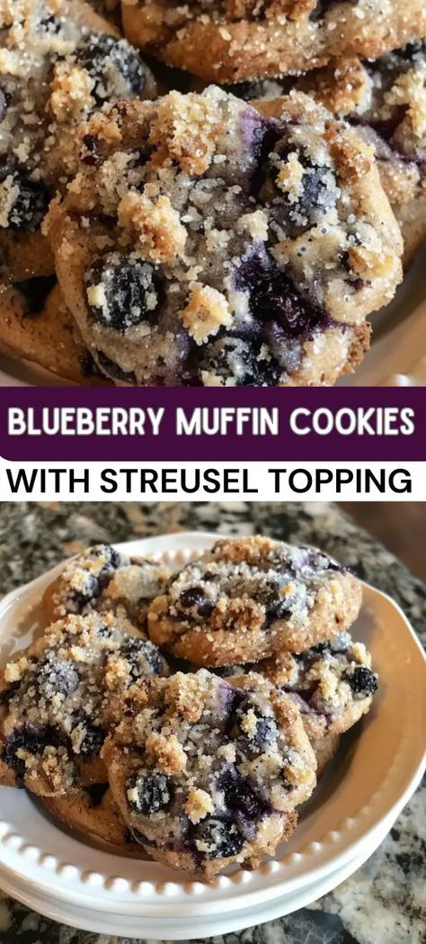 Blueberry Muffin Cookies with Streusel Topping Blueberry Muffin Cookies, Streusel Topping For Muffins, Blueberry Muffin Topping, Blueberry Crumble Muffins, Muffin Cookies, Blueberry Streusel Muffins, Soft Cookies, Blueberry Cookies, Muffin Streusel