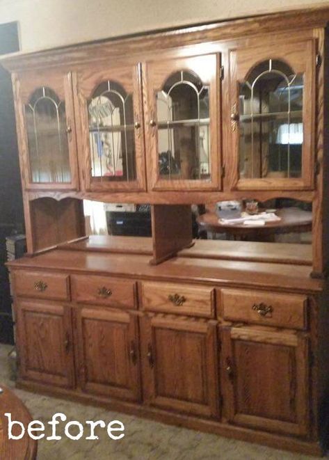 This is a makeover of a dated, oak dining hutch using Annie Sloan Chalk Paint in Paris Grey. Here is the after. What a difference. Keep reading for details on how I completed this look.This hutch had been in a storage unit for some time and smelled pretty funky, so I started off by sealing the entire piece in Zinsser Shellac. This product along with neutralizing smells helps seal water stains and bleed through. It is always a great idea to coat a piece in Shellac if… Dining Room With Hutch, Chalk Painted Hutch, Refinished Hutch, Dining Set Makeover, Bookcase Makeover, Vintage China Cabinets, Bed Makeover, Buffet Makeover, Dining Hutch