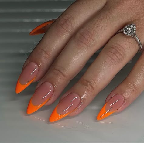 Nails With Silver, Orange Nail Art, Orange Acrylic Nails, Neon Nail Designs, Short French, Almond Nails Designs, Almond Acrylic Nails, Neon Nails, Orange Nails