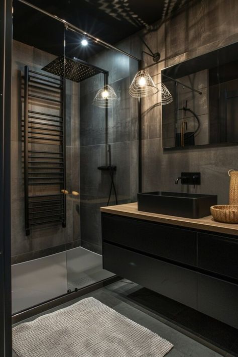 Dark Grey Quartz Countertops, Grey Small Bathroom Ideas, Black Bathroom Interior, Luxury Black Bathroom, Mexico Bathroom, Dream Bathroom Luxury, Feminine Bedroom Design, Grey Quartz Countertops, Black Bathroom Floor