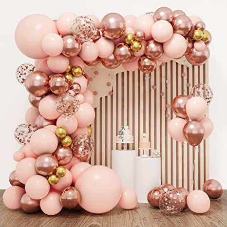 1st Birthday Balloons, Arch Ideas, Birthday Party Background, Orange Balloons, Balloon Chain, Gold Confetti Balloons, Rose Gold Confetti, Metallic Balloons, Rose Gold Balloons