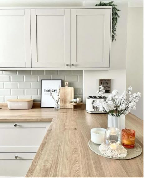 Kitchen Colour Schemes Cream Units, Neutral Kitchen Wood Worktop, Dove Grey Kitchen Wood Worktop, White Shaker Kitchen Wooden Worktop, Light Wood Worktop Kitchen, Laminate Wood Worktop Kitchen, White Kitchen With Wooden Worktop, White Kitchen With Wood Worktop, Beige Kitchen Wooden Worktop