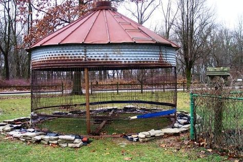 Grain Bin Garden Shed, Corn Bin Gazebo, Repurposed Gazebo Frame, Corn Crib Gazebo Ideas, Corn Silo Gazebo, Corn Crib, Landscape Timbers, Garden Rake, Flea Market Gardening