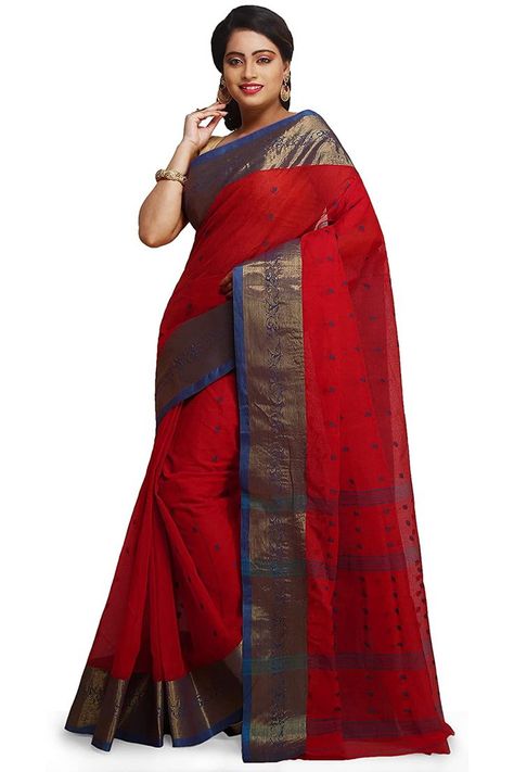 #saree style, #saree, WoodenTant Women's Pure Cotton Tant Saree In Rose Red with zari border without blouse piece.Light Starch was given in the saree so that pallu split can be easily made and will make very attractive in appearance. This saree Made of 100 count pure cotton of Pioneer brand. Tant Saree, Saree Style, Cotton Saree, Blouse Piece, Pure Cotton, Red Roses, Split, Saree, Red