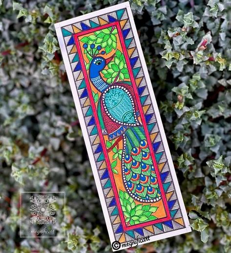 ⚜️Megha Mocherla⚜️ on Instagram: "Peacocks are one of my Favorite Motif!🦚 Had to make these on a Bookmark of course!! How is this colorful creature? ⚜️Original Art⚜️ ⚜️Refrain from copying ⚜️Recreate with Permission #madhubani #madhubanibookmarks #bookmarks #bookmark #book #bookworm #art #artistsoninstagram #artist #artwork #artoftheday #artjournal #artjournals #artgallery #homedecor #accessories #custom #custommade #drawdrawdraw #sketch #color #artbuyers #instaart #instagood #instalike #indi Gond Art Bookmark, Krishna Bookmark, Madhubani Bookmarks, Bookworm Art, Madhubani Paintings Peacock, Bird Silhouette Art, Painted Fashion, Mithila Painting, Rajasthani Painting