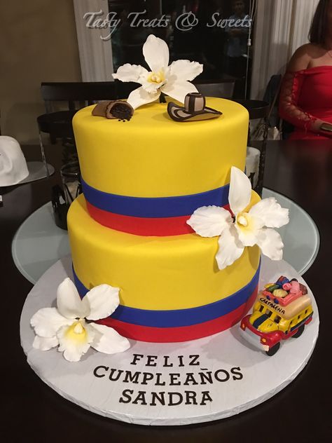 Colombian Colors Birthday Cake #Marble #Fondant #coffeebeans #Orchids #gumpaste Colombian Cake Decoration, Colombian Party Theme, Colombian Appetizers, Colombian Cake, Colombia Party, Marble Fondant, Colombia Food, Cake Marble, Cookies Theme