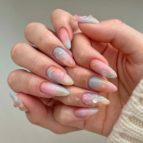 Pastel Colour Nails Acrylic, Cotton Candy Color Nails, Candy Color Nails, Pastel Swirl Nails, Candy Nails Designs, Nails Cotton Candy, Fluffy Nails, Cotton Candy Art, Whimsical Nails