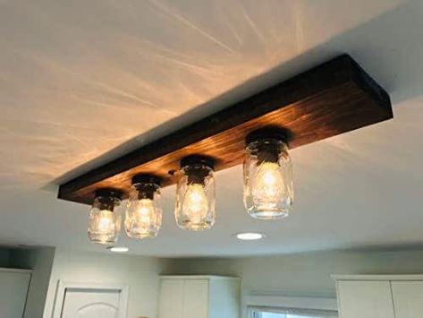 Mason Jar Ceiling Lights, Mason Jars Lights, Mason Jar Light Fixture, Rustic Kitchen Lighting, Farmhouse Ceiling, Mason Jar Kitchen, Wood Light Fixture, Rustic Light Fixtures, Mason Jar Lighting