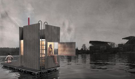 US architects launch floating sauna to promote wellness in Seattle | Architecture and design news from CLAD Seattle Architecture, Floating Architecture, Living Pool, Add A Room, Sauna House, Diving Board, Sauna Design, Lake Union, Floating House