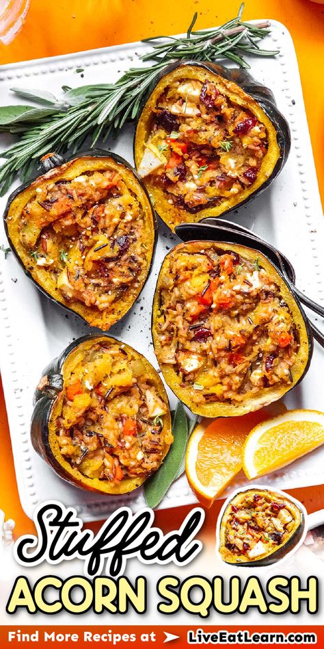 Image of the stuffed acorn squash Stuffed Squash Recipes, Acorn Squash Recipes Healthy, Stuffed Acorn Squash Vegetarian, Thanksgiving Main Course, Spaghetti Squash Recipes Vegan, Sausage Stuffed Acorn Squash, Gf Dinners, Spaghetti Squash Recipes Healthy, Squash Spaghetti