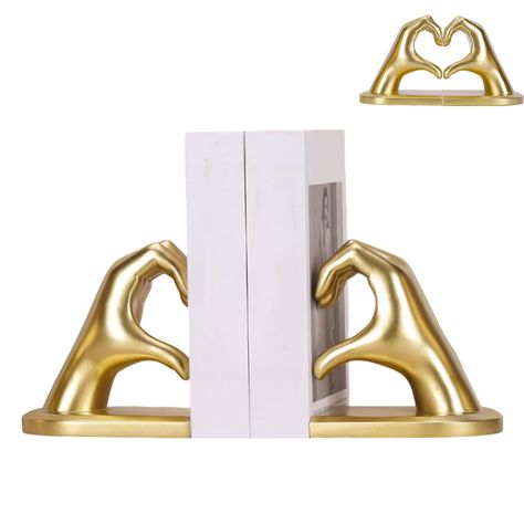 PRICES MAY VARY. [Gold Bookends] Gold book ends for shelves feature a stylish design that will complement any modern home decor. These gold bookends modern are perfect for adding a touch of elegance to your bookshelves or tabletops. [Gold Heart Hands Book Ends] Gold book ends is made of durable resin material with high quality paint, the hand lines are clear and full of texture.Gold bookends with anti-slip and non- scratching mat on the bottom can provide sufficient friction and stability to pre Gold Bookends, Book Stopper, Resin Book, Unique Bookends, Modern Bookends, Modern Art Sculpture, Bedroom Study Room, Decorative Bookends, Finger Heart