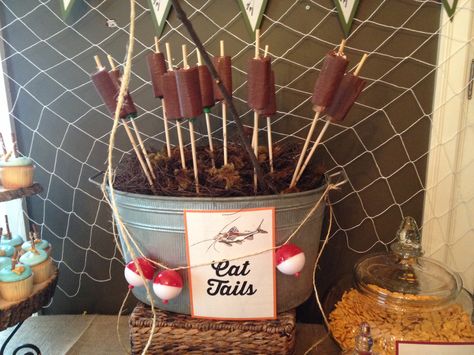 Cat tails made from Swiss cakes and kabob sticks.  Please note, I used a little gummy worm to hold them up as they wanted to slide down the pole. Pond Punch, Chicken Salad Bowl, Rotel Cheese, Rotel Cheese Dip, Fishing Party Decorations, Fishing Baby Shower Theme, Kabob Sticks, Fishing Theme Party, Fishing Themed Birthday Party