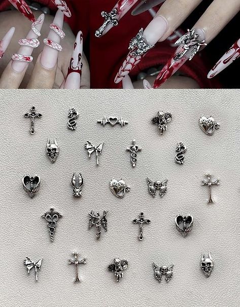 Germany Nails, Chrome Nails Art, Y2k Chrome Nails, Nails Charm, Sliver Nails, Y2k Chrome, Manicure Supplies, Heart Skull, Chrome Nail Art