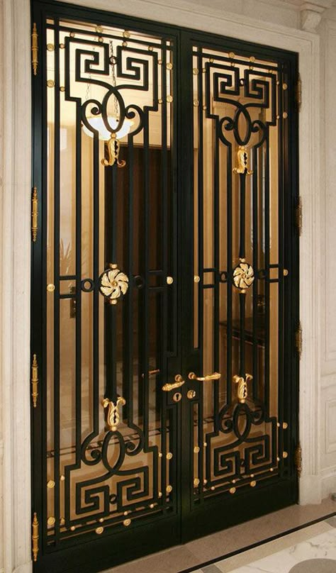 La Forge De Style - Gate wrought iron gold leaf finish Front Iron Door, Door Iron Design, Wrought Iron Door, Main Door Iron Design, Main Door Design Iron Gates, Iron Door, Safety Door Iron Design, Main Gate Design Entrance Iron Doors In India, Wrought Iron Gate Designs