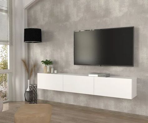 Latitude Run® Gloriann 70.87'' W Floating Storage Credenza | Wayfair White Floating Tv Unit, White Floating Shelves Living Room, White Floating Tv Stand, Floating Shelves Under Tv, Beige Couch Living Room, Tv Stand Storage, Floating Media Console, Credenza Wood, Wall Mounted Media Console