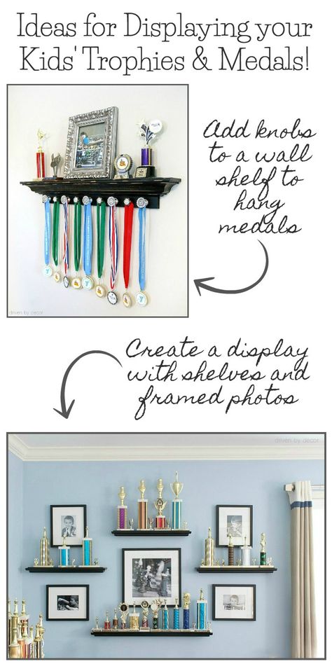 Love these ideas for displaying kids' trophies, medals, and ribbons! Click through for the how-to! Medal Display Ideas Golf, Ribbon And Trophy Display Ideas, Golf Trophy Display, Display Metals And Ribbons, Trophy Organization Ideas, Wrestling Medal Display Ideas Diy, Trophy And Metal Display Ideas, How To Display Ribbons And Medals, How To Display Trophies